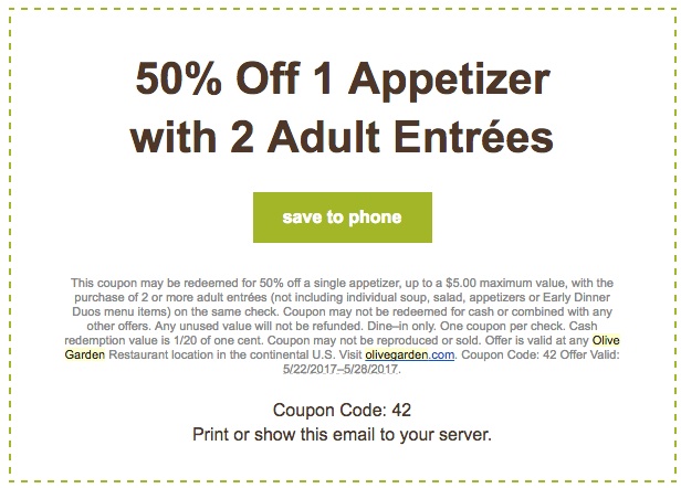 Olive Garden 50 Off One Appetizer With Purchase Expires May